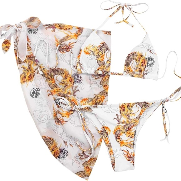 3 Piece Tie-Up Halter Triangle Bikini Set with Skirt Dragon Design in White - Picture 3 of 8